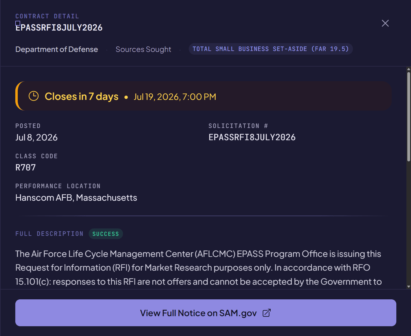 SoleSourcery contract detail view showing a real Air Force RFI: close date, solicitation number, performance location, full description, and government points of contact