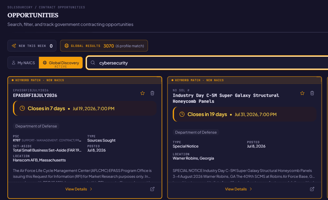 SoleSourcery opportunity search results for a cybersecurity keyword search, showing real Department of Defense contract listings with close dates and set-aside types